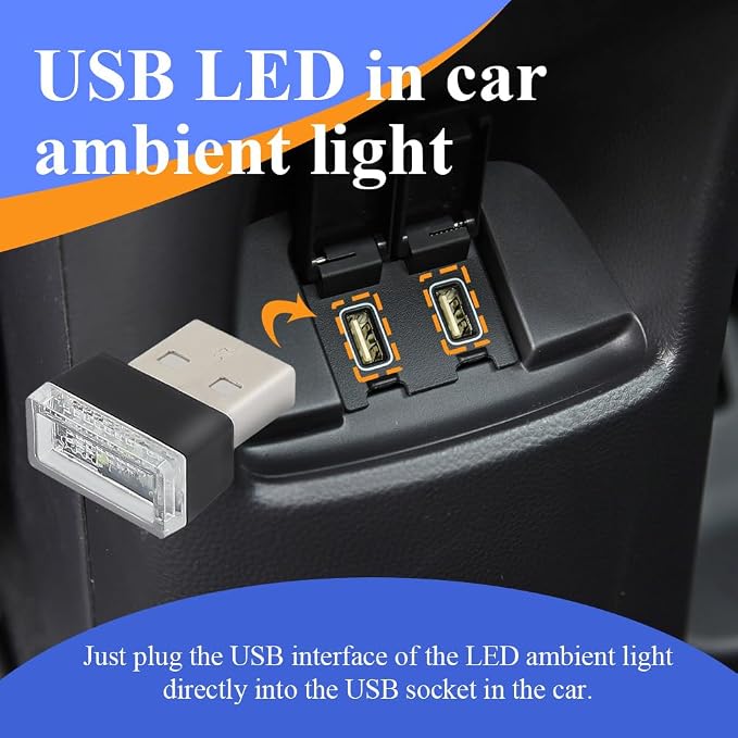 4PCS USB LED Car Interior Atmosphere Lamp, Plug-in USB Decor Night Light, Portable Auto Ambient Lighting Kit, Universal Car Interior Accessories LED Night Light for Most Cars (Blue)