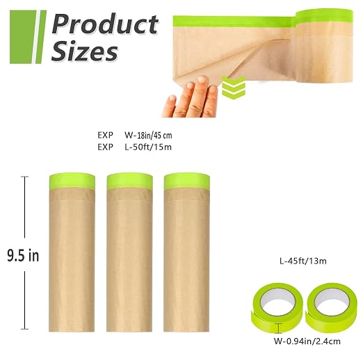 3 Pack Paint Masking Tape and Drape for Painting Paint,Assorted Paint Masking Paper for Car and Furniture (Unfold 18inch Width X Total 150ft Long)