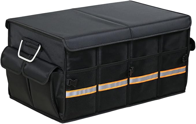 Tianle Car Trunk Organizer - Collapsible Trunk Organizer & Lid Foldable Cover Aluminium Alloy Handle Reflective Strip for Auto, SUV, Truck, Minivan (L Black)