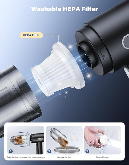 Car Vacuum Portable Cordless, 16000Pa Handheld Vacuum Mini Vacuum Cleaner High Power with Best Suction Brushless Motor, 4 in 1 2-Speed Air Duster Portable Vacuum for Car Keyboard Pet Hair