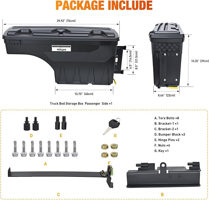 Nilight Truck Bed Tool Box Passenger Side Truck Tool Box Fit for Chevy Silverado GMC Sierra 1500 2500 3500 2007-2018 ABS Swing Case Truck Bed Storage Box w Lockable Lid Waterproof Wheel Well Toolbox