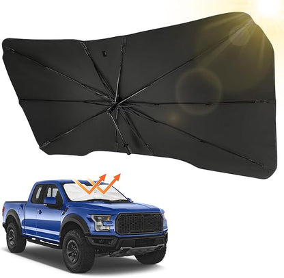 JOYTUTUS Windshield Sun Shade Umbrella, Fit for Ford 2015-2025 F150 F250 F350, with 360° Rotation Bendable Shaft, Titanium Silver Coating for UV Ray Block, Car Front Window Sun Shade Keep the Car Cool