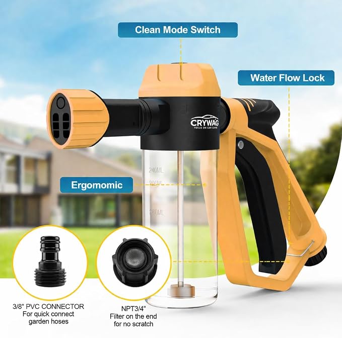 Car Wash Foam Gun for Garden Hose, Foam Cannon Car Wash Kit with Microfiber Wash Mitt, High Pressure Nozzle & 3 Spray Modes, Hose Foam Blaster for Cars, Trucks, RV, Motorcycle Cleaning - Orange