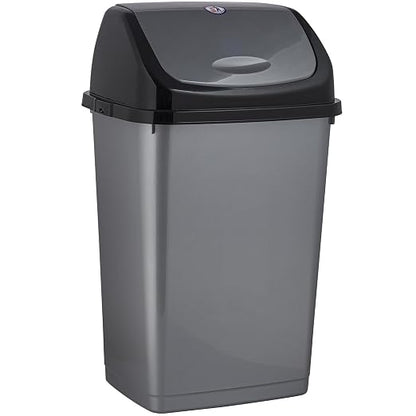 Superio Kitchen Trash Can 13 Gallon with Swing Lid, Plastic Tall Garbage Can Outdoor and Indoor, Large 52 Qt Recycle Bin and Waste Basket for Home, Office, Garage, Patio, Restaraunt (Grey/Black)