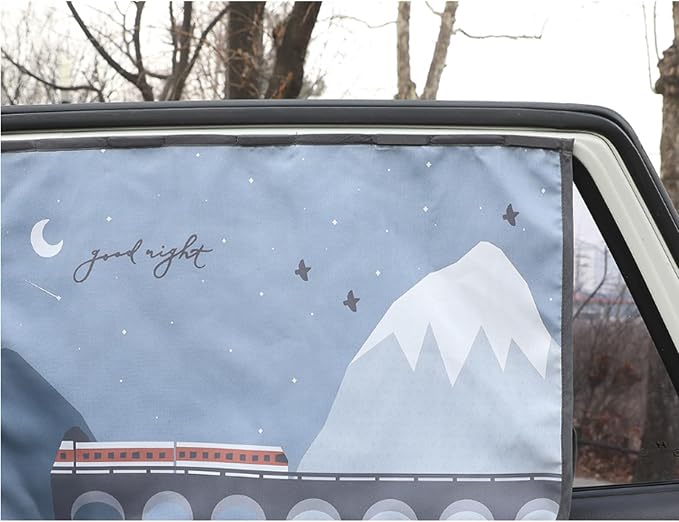 Magnetic Car Sun Shade Curtain for Side Window – Sun Blocker and UV Protector for Baby, Kids, and Pets – Universal Fit with Built-in Magnets for Steel-Framed Door (Bebe Train)