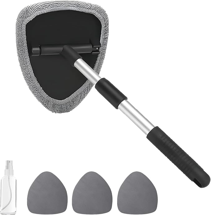Windshield Cleaning Tool, Car Window Cleaner with Extendable Handle, 4 Microfiber Pads and Spray Bottle, Auto Interior Exterior Glass Wiper Cleaning Kit Universal for RV, SUV, Truck (Gray)