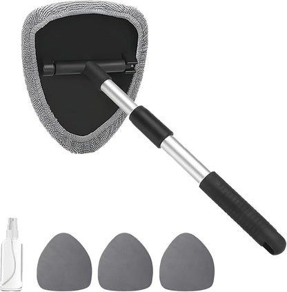 Windshield Cleaning Tool, Car Window Cleaner with Extendable Handle, 4 Microfiber Pads and Spray Bottle, Auto Interior Exterior Glass Wiper Cleaning Kit Universal for RV, SUV, Truck (Gray)