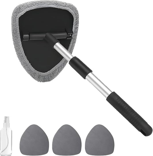Windshield Cleaning Tool, Car Window Cleaner with Extendable Handle, 4 Microfiber Pads and Spray Bottle, Auto Interior Exterior Glass Wiper Cleaning Kit Universal for RV, SUV, Truck (Gray)