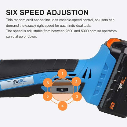 NEWONE 20V Cordless Round Orbital Polisher, Dual Action Buffer, 5-Inch, 6 Variable Speeds, Anti-vibration Handle, Car Sanding Polishing Waxing, 4.0Ah Battery and Fast Charger