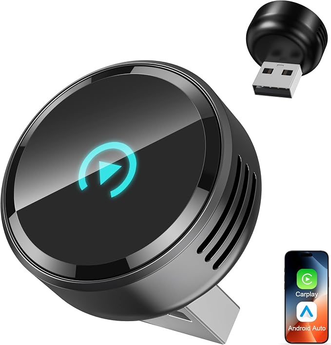 Ultra Mini Circular Wireless CarPlay & Android Auto Adapter, 3-5s Fast Auto Reconnect, Aluminum Alloy Vent Design, 2-in-1 CarPlay Wireless Adapter for iOS & Android with USB A/C Port