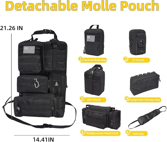 Tactical Car Seat Back Organizer,Tactical Molle Seat Back Organizer with 6 Detachable Molle Pouch,Universal Fits for Car Truck Jeep Vehicle Black