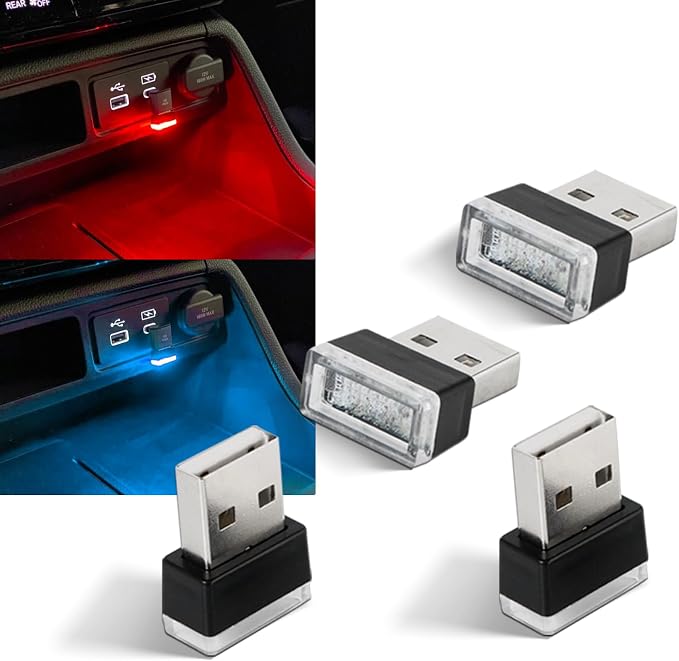 4PCS USB LED Car Interior Atmosphere Lamp, Plug-in USB Decor Night Light, Portable Auto Ambient Lighting Kit, Universal Vehicle Interior Accessories Mini USB LED Light for Most Cars (2Red+2ice Blue)