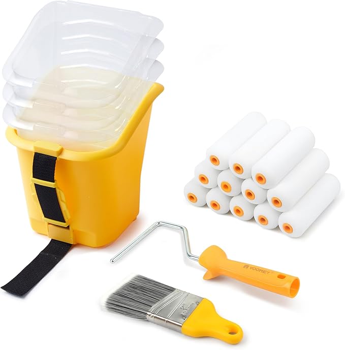 Voomey Paint Bucket Hand Held - Integrated Magnetic Brush Grip, Paint Cup with 4 Inch Mini Foam Paint Rollers, Paint Brush, Suitable for Decoration, Repairs, Small Paint and Coating Projects