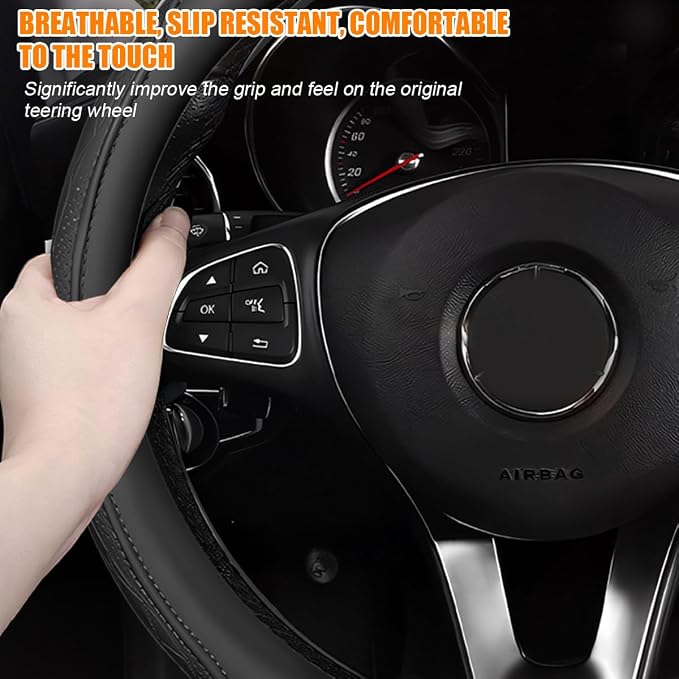 Zpana Car Steering Wheel Cover, 14.5-15" Breathable Soft Leather Vehicle Steering Wheel Protector with Anti-Slip Lining, Comfortable Auto Interior Decoration Accessories, Universal Fit (Black)