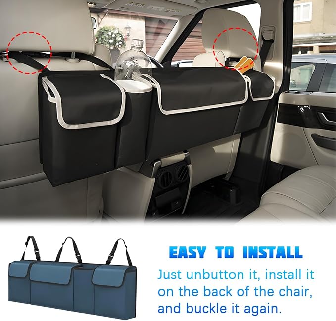 Car Trunk Organizer with Lid, Large Waterproof Vehicle Backseat Hanging Storage Bag with 4 Pockets & Adjustable Straps, Collapsible Automotive Interior Cargo Bag, Universal Fit (Blue)