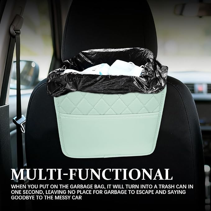 Car Seat Back Organizer, Leather Backseat Hanging Storage Bag, Multipurpose Car Hanging Trash Bag with 2 Compartments, Car Large Capacity Pouch Pocket for Kids & Adults (Green)