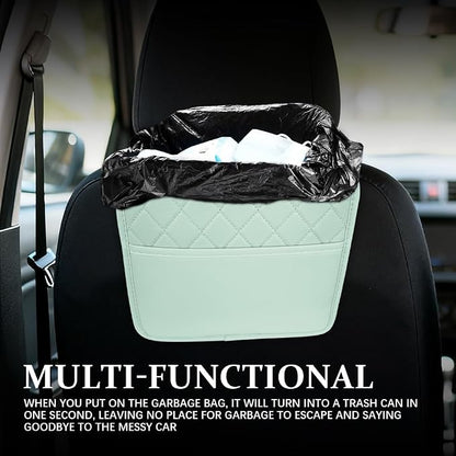 Car Seat Back Organizer, Leather Backseat Hanging Storage Bag, Multipurpose Car Hanging Trash Bag with 2 Compartments, Car Large Capacity Pouch Pocket for Kids & Adults (Green)