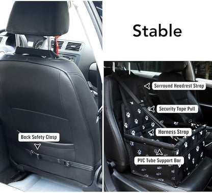 Petbobi Pet Reinforce Car Booster Seat for Dog Cat Portable and Breathable Bag with Seat Belt Dog Carrier Safety Stable for Travel Look Out,with Clip on Leash with PVC Tube, Black Paw Print