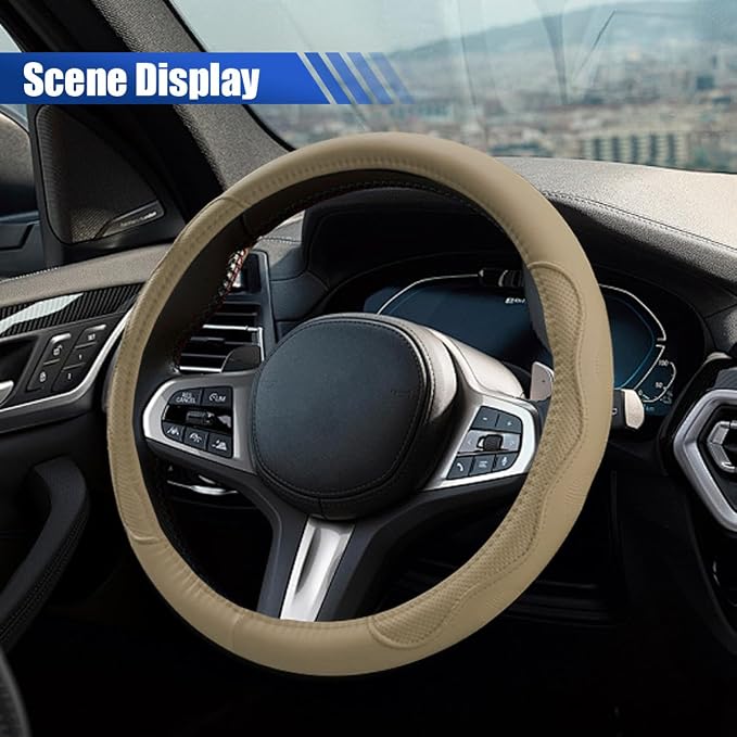 Car Steering Wheel Cover, 15 Inch Leather Anti-Slip Breathable Automotive Steering Wheel Protector, Universal Heat Resistant Vehicle Interior Accessories Cars, SUVs, Trucks(Beige)