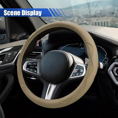 Car Steering Wheel Cover, 15 Inch Leather Anti-Slip Breathable Automotive Steering Wheel Protector, Universal Heat Resistant Vehicle Interior Accessories Cars, SUVs, Trucks(Beige)