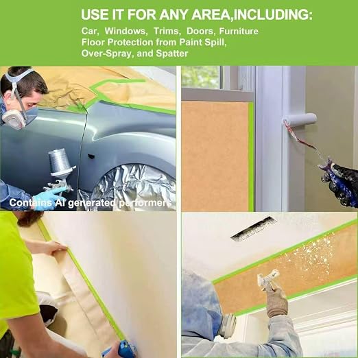 Pre-Taped Masking Paper with Dispenser - 12" x 50' Painters Paper and Tape for Painting House, Furniture, Cars Auto Body (1 Dsp 1Tape 2 Refills: 12" x50')
