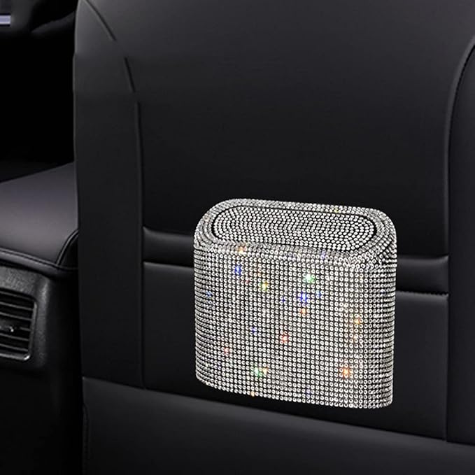 Bling Rhinestone Car Trash Can,Car Garbage Can Container Sparkle Crystal Trash Bin Dustbin Organizer Leak Proof Portable Hanging Garbage Can with Lid,Red