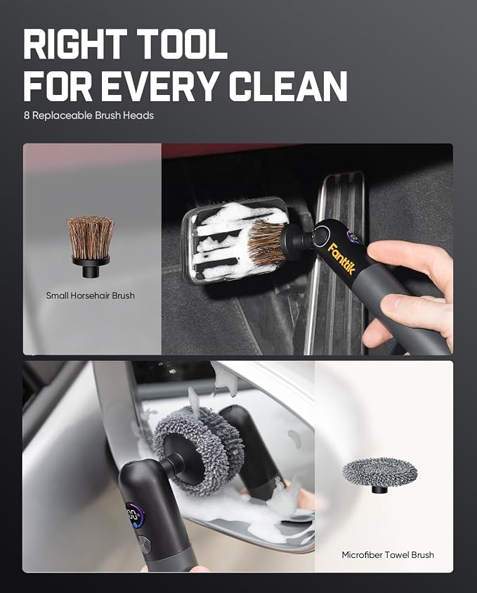 Fanttik Flip G10 Nano AutoCare Cordless Electric Car Interior Detailing Brush, Dual-Speed with 8 Brush Heads, Adjustable Angle & Smart Display, IPX7 Waterproof for Deep Car Cleaning