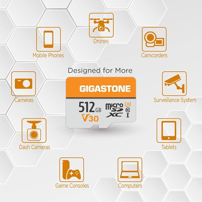 GIGASTONE 512GB Micro SD Card, for Surveillance, Security Camera, Action Camera, Drone, 100MB/s, A1 V30 4K Video Recording MicroSDXC Memory Card UHS-I Class 10