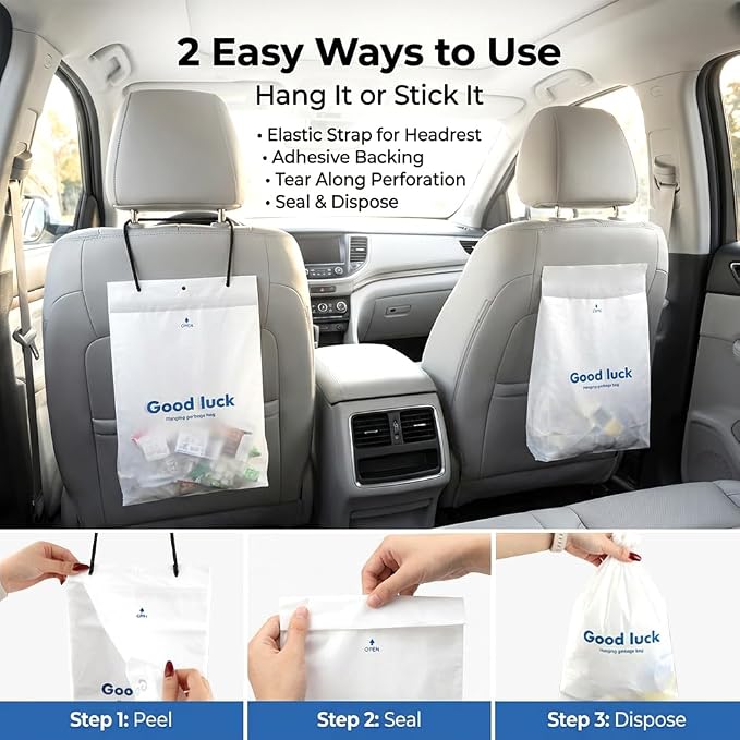 100 PCS Disposable Car Trash Bags Hanging, Leak-proof, Odor Seal, Hanging Garbage Bags, Hanging from Headrest/Easy Stick-On Trash Can for Car, SUV, Truck, Stroller Camping(White)