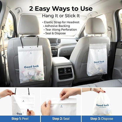 100 PCS Disposable Car Trash Bags Hanging, Leak-proof, Odor Seal, Hanging Garbage Bags, Hanging from Headrest/Easy Stick-On Trash Can for Car, SUV, Truck, Stroller Camping(White)
