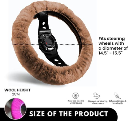 Andalus Brands Luxury Fluffy Car Steering Wheel Covers – Genuine Merino Sheepskin, Soft Fuzzy Car Steering Wheel Cover for Women, Universal 14.5-15" Size, Plush Fur Cute Auto Accessories, Tan
