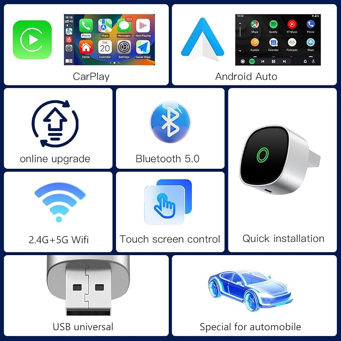 2-in-1 Wireless CarPlay Adapter for iPhone ＆ Wireless Android auto Adapter, Plug and Play USB/USB C Connection, Apple Car Play Wireless Adapter for iOS/Android