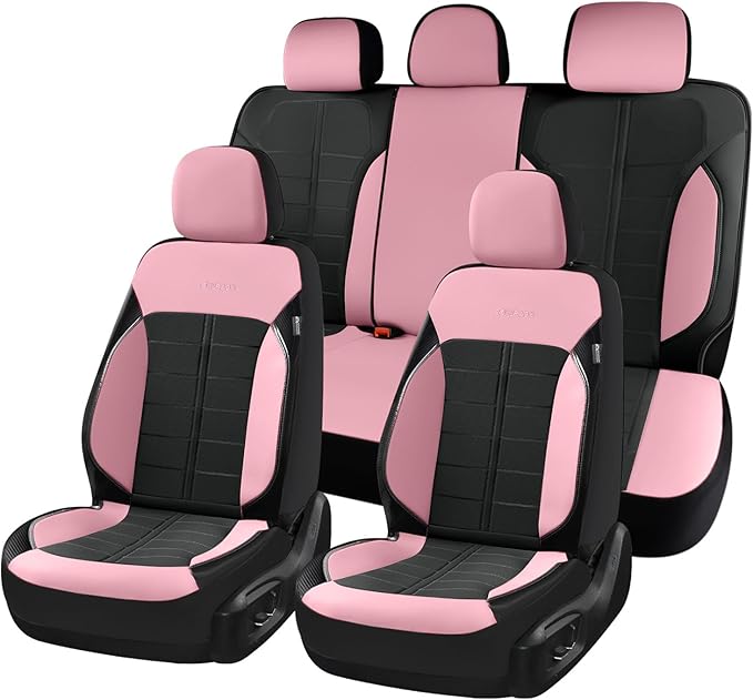 Coverado Front and Back Seat Covers for Cars Leather Car Seat Cover Full Set 5 Seats Waterproof Seat Protector Automotive Seat Covers Universal Fit for Most Cars SUV Trucks, Pink&Black