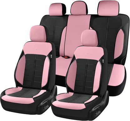 Coverado Front and Back Seat Covers for Cars Leather Car Seat Cover Full Set 5 Seats Waterproof Seat Protector Automotive Seat Covers Universal Fit for Most Cars SUV Trucks, Pink&Black