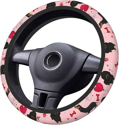 Car Steering Wheel Cover with Anti-Slip Lining, Universal 15 inch Wheel Cover, Fashion Car Interior Accessories for Women Men - Cute Pink Dachshund