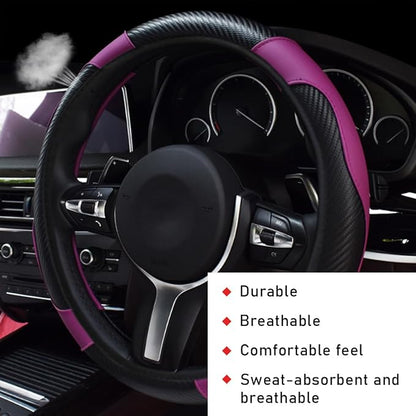 povtii Car Steering Wheel Cover, 15 Inch Leather Breathable Auto Steering Wheel Protector, Comfortable Non-Slip Vehicle Steering Wheel Covers, Universal Interior Car Accessories (Black+Purple)