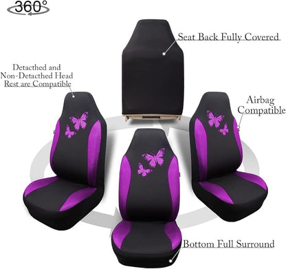 Flying Banner Butterfly car seat Covers ful Set Fashion Universal Lady Woman Female Rear Bench Split Colorized (2 Fronts, Purple)