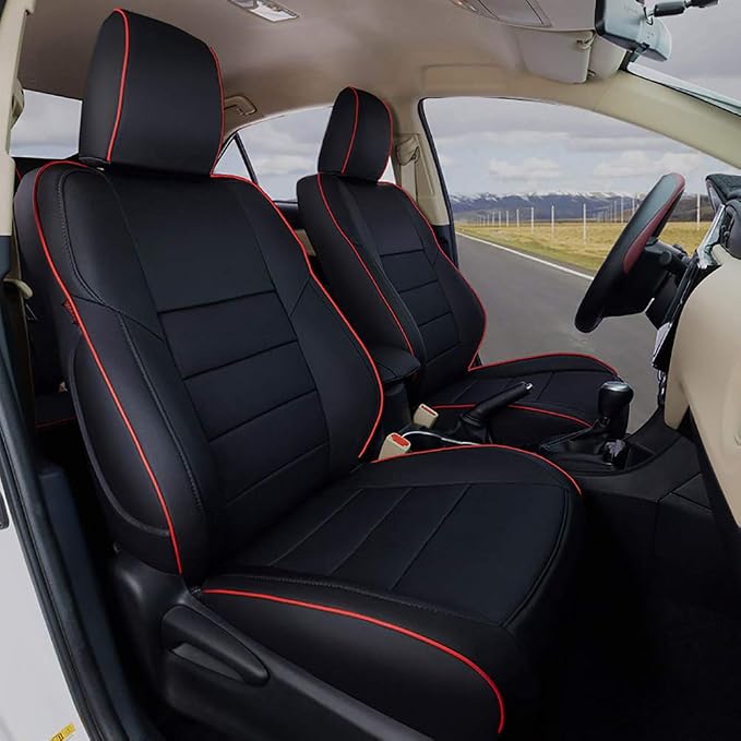 EKR Corolla Seat Covers Custom Fit for Toyota Corolla 2014 2015 2016 2017 2018 2019 L/LE Series Sedan,Leather Car Seat Cover Full Set for SUV-Faux Leather(Black with Red Trim)