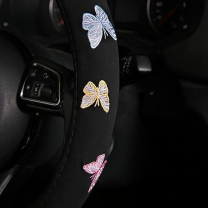 Embroidery Cute Steering Wheel Cover Stitched Butterfly Girly,Sweat Absorption,Universal 15 inch