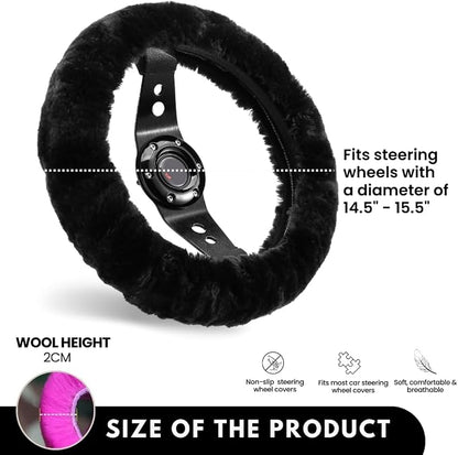 Andalus Brands Luxury Fluffy Car Steering Wheel Covers – Genuine Merino Sheepskin, Soft Fuzzy Car Steering Wheel Cover for Women, Universal 14.5-15" Size, Plush Fur Cute Auto Accessories, Black