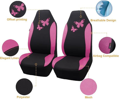 Flying Banner Butterfly car seat Covers ful Set Fashion Universal Lady Woman Female Rear Bench Split Colorized (2 Fronts, Pink)