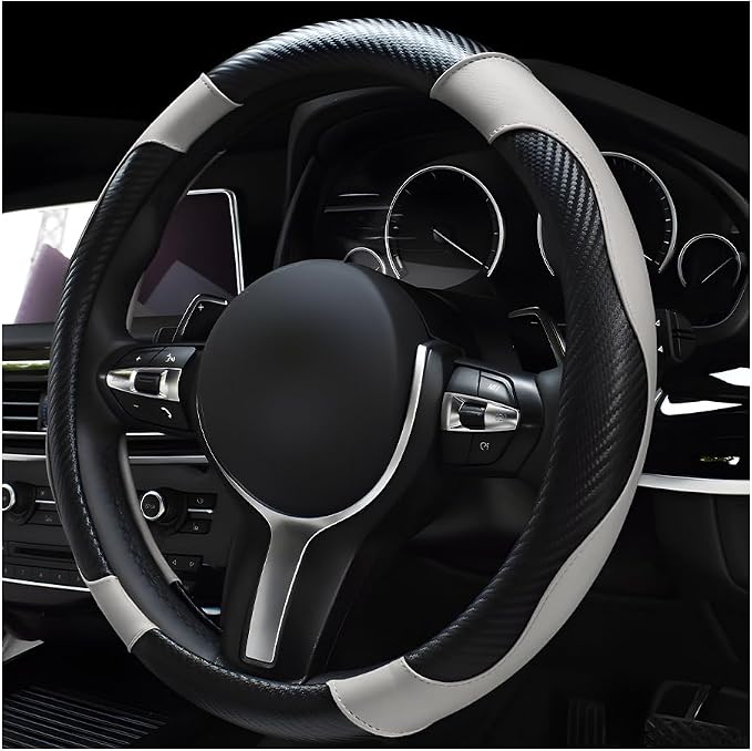 povtii Car Steering Wheel Cover, 15 Inch Leather Breathable Auto Steering Wheel Protector, Comfortable Non-Slip Vehicle Steering Wheel Covers, Universal Car Accessories (White, with Lining)