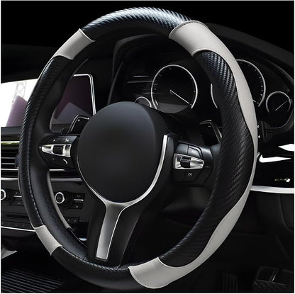 povtii Car Steering Wheel Cover, 15 Inch Leather Breathable Auto Steering Wheel Protector, Comfortable Non-Slip Vehicle Steering Wheel Covers, Universal Car Accessories (White, with Lining)