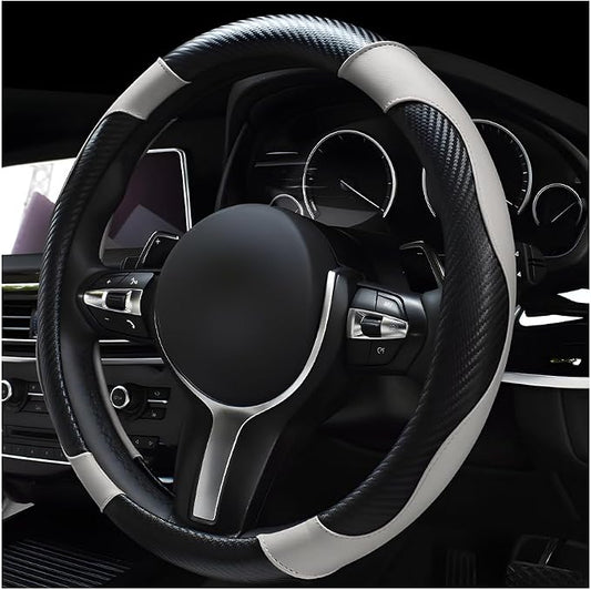 povtii Car Steering Wheel Cover, 15 Inch Leather Breathable Auto Steering Wheel Protector, Comfortable Non-Slip Vehicle Steering Wheel Covers, Universal Car Accessories (White, with Lining)