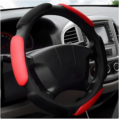 Car Steering Wheel Cover, 15" Anti-Slip Steering Wheel Protector Soft Hand Pad Cushion, Breathable Ice Silk Auto Wheel Wraps Comfy Grip All-Season Protector for Most Vehicles (Black & Red)