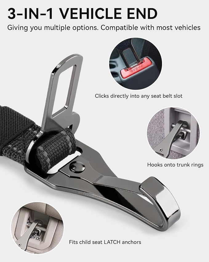 Joytale 3-in-1 Bungee Dog Seat Belt for Car, Safe & Distraction-Free Travel with Reinforced Swivel Carabiner, Shock Absorbing & Tangle-Free Nylon Tether for Medium Large Dogs, Black