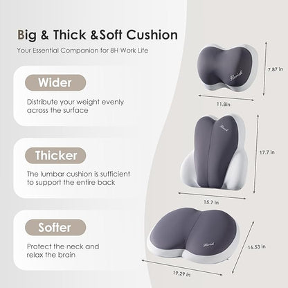 FLORICH 3 PCS Seat Cushion for Carseat Lumbar Support Pillow Car Neck Headrest Pillows Ultrathick Memory Foam Seat Pads Pressure Relief Back Cushion for Office Chair-Dark Beige Grey