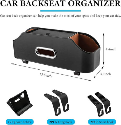 Car Seat Back Organizer with 2 Drink Cup Holder, Headrest Rear Seat Storage Organizer with Tissue Box and Hook, Multi-Functional Backseat Hanging Storage Box for Kids Travel (Black)