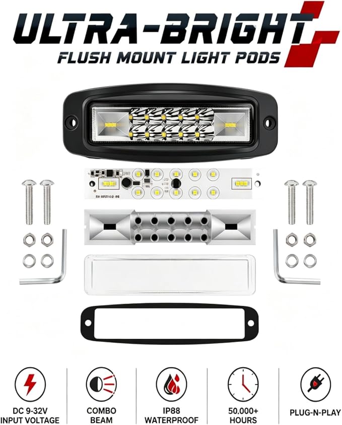 7 Inch Flush Mount LED Pods Flush Mount Led Light Bar Off Road Lights | 2PCS 60W Spot Flood Combo Beam Bumper Grill Mount LED Reverse Lights Fog Lights Backup Lights Driving Light for 4x4 Truck SUV