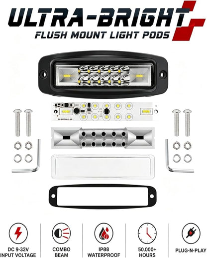 7 Inch Flush Mount LED Pods Flush Mount Led Light Bar Off Road Lights | 2PCS 60W Spot Flood Combo Beam Bumper Grill Mount LED Reverse Lights Fog Lights Backup Lights Driving Light for 4x4 Truck SUV